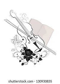 background with viola, roses and notebook