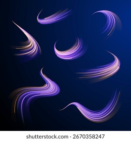 Background in violet light blur with moving curve glowing flow futuristic event traffic motion technology effect space streaks abstract