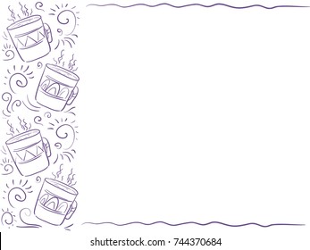 Background with violet mugs pattern stripe in the left - frame for text, information,  announcement, presentation, poster, menu. Doodle illustration