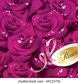 Antecedentes de rosas violetas en gotas de lavado con cinta rosada y pegatina de papel. Ilustración vectorial.