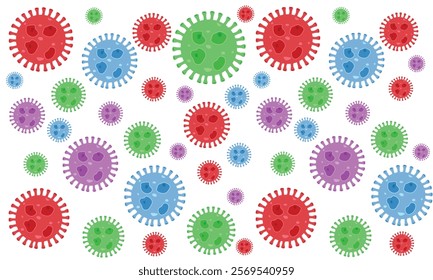 Background of Virus. Bacteria Biology Organisms Seamless Pattern. Virus Infection Ebola Epidemic Sick. Corona, HMPV, Covid and Human metapneumovirus. Flat Vector Illustration