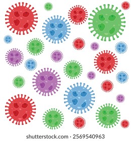 Background of Virus. Bacteria Biology Organisms Seamless Pattern. Virus Infection Ebola Epidemic Sick. Corona, HMPV, Covid and Human metapneumovirus. Flat Vector Illustration