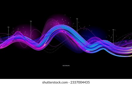 Reconocimiento de ondas de audio de voz AI asistente personal tecnología moderna concepto visual diseño de ilustración vectorial. fondo de línea de espectro de audio de onda de sonido digital colorido