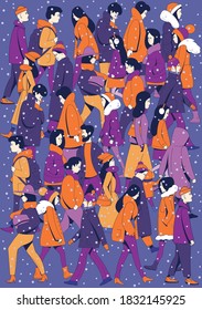Background of walking people in winter clothes on the street. Falling snow.