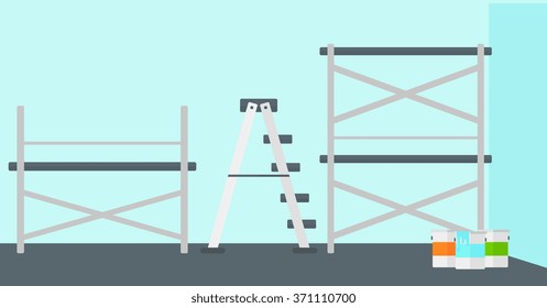 Fondo de pared con latas de pintura y escalera.