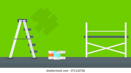 Hintergrund der Wand mit Farbdosen und Leiter.