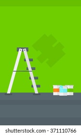 Background of wall with paint cans and ladder.