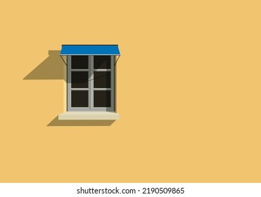 Background of a wall with a window and a blind on a facade of a building painted in yellow.