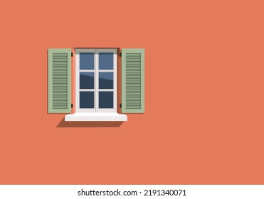 Antecedentes de una pared con ventana y contraventanas verdes en la fachada de una casa pintada de naranja.