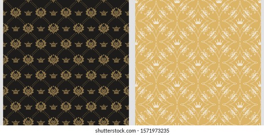 Background Wallpaper. 2 seamless vintage patterns. Pattern colors: black, gold, white. Royal style. Wrapping paper-templates. Background texture, vector image.