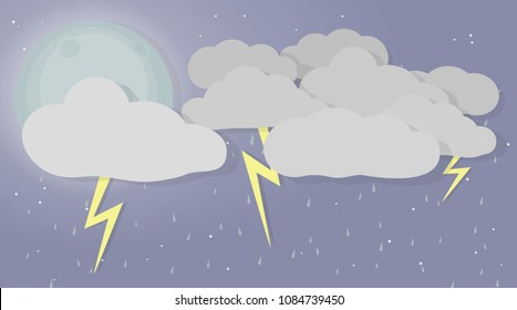 Background wallpaper about a night storm with stars, grey clouds, thunders, rain and the bright moon. EPS 10 Vector Illustration.