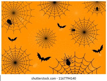 Background and wallpaper black spider and spider web with flying bats on thinly spider web pattern with orange background vector.