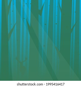 Background Wallpaper Cartoon Magic Mystical Fantasy Forest  Deer Silhouette Trees Branches Dots Light  In Fog  Green Blue Vector Design