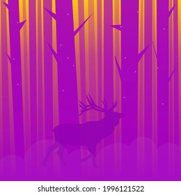 Background Wallpaper Cartoon Magic Mystical Fantasy Forest Trees Dots In Fog  Deer Silhouette  Purple Pink Orange Sunset Sky Vector Design