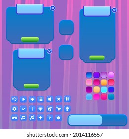 Hintergrund-Bildschirmhintergrund Cartoon Magische mystische Fantasy-Bäume mit Zweigen in nebelrosa violettem Spiel UI Set Pop-up Windows-Tasten und Laden der Bar in blauem Denim-Stil Cartoon bunt Cute Vect