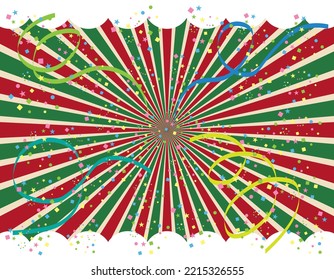 Background and wallpaper with concentrated lines, ribbons and confetti in Christmas colors