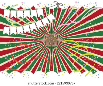 Background and wallpaper with concentrated lines, ribbons and confetti in Christmas colors