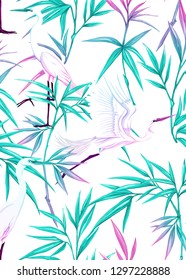 Background, wallpaper, cover with tropical plants, flowers and birds  in neon, fluorescent colors. Vector illustration. Isolated on white background.