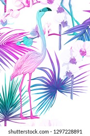 Background, wallpaper, cover with tropical plants, flowers and birds  in neon, fluorescent colors. Vector illustration. Isolated on white background.