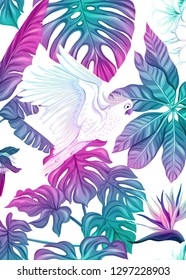 Background, wallpaper, cover with tropical plants, flowers and birds  in neon, fluorescent colors. Vector illustration. Isolated on white background.