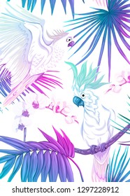 Background, wallpaper, cover with tropical plants, flowers and birds  in neon, fluorescent colors. Vector illustration. Isolated on white background.