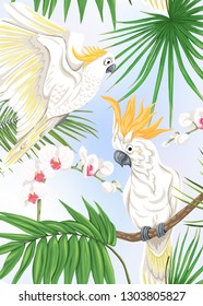 Background, wallpaper, cover with tropical plants, flowers and birds. Vector illustration. On blue background.
