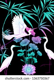 Background, wallpaper, cover with tropical plants, flowers and birds  in neon, fluorescent colors. Vector illustration. Isolated on black background.