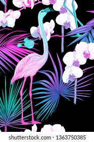 Background, wallpaper, cover with tropical plants, flowers and birds  in neon, fluorescent colors. Vector illustration. Isolated on black background.