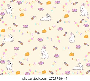 background or wallpaper featuring an illustration of a small white rabbit and various cute candies with the words "LOVE" and "Cute"