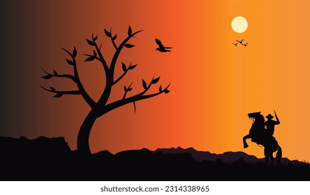Papel de fondo con un árbol y pájaros con un cazador a caballo con vistas al atardecer de las montañas