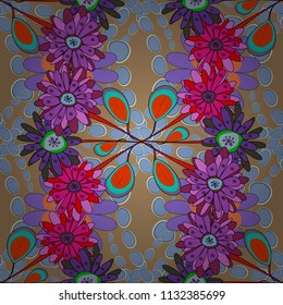 Background wallpaper illustration with beige, blue and violet flowers and vintage paisley ornaments. Modern luxury texture for fabrics, textile. Vector floral seamless pattern.