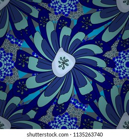 Background wallpaper illustration with blue, gray and black flowers and vintage paisley ornaments. Modern luxury texture for fabrics, textile. Vector floral seamless pattern.