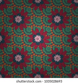 Background wallpaper illustration with blue, red and green flowers and vintage paisley ornaments. Modern luxury texture for fabrics, textile. Vector floral seamless pattern.