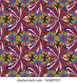 Background wallpaper illustration with blue, yellow and red flowers and vintage paisley ornaments. Modern luxury texture for fabrics, textile. Vector floral seamless pattern.