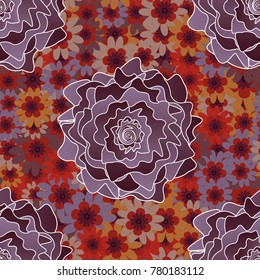 Background wallpaper illustration with brown, purple and red flowers and vintage paisley ornaments. Modern luxury texture for fabrics, textile. Vector floral seamless pattern.