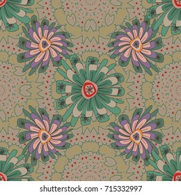 Background wallpaper illustration with green, gray and neutral flowers and vintage paisley ornaments. Modern luxury texture for fabrics, textile. Vector floral seamless pattern.
