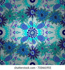 Background wallpaper illustration with violet, black and blue flowers and vintage paisley ornaments. Modern luxury texture for fabrics, textile. Vector floral seamless pattern.