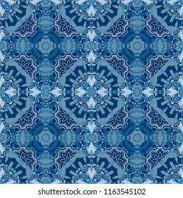 Background wallpaper illustration with white, blue and orange flowers and vintage paisley ornaments. Modern luxury texture for fabrics, textile. Vector floral seamless pattern.
