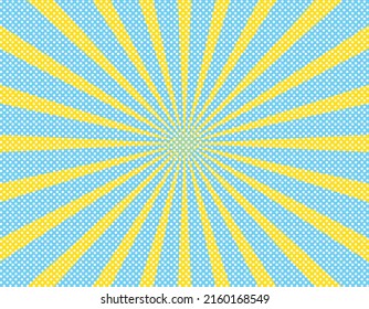 Background, wallpaper image with white polka dots on blue and yellow concentrated lines