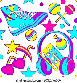 Background Wallpaper with Isolated elements: lollipop, hip hop sneakers, sunglasses, headphones, cassette. Hipster patches elements