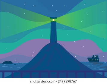 background wallpaper landscape, beach with lighthouse and its lights, from a distance you can see ships and coral