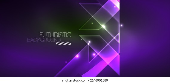 Background Wallpaper Neon Glowing Lines And Geometric Shapes. Dark Wallpaper For Concept Of AI Technology, Blockchain, Communication, 5G, Science, Business And Technology