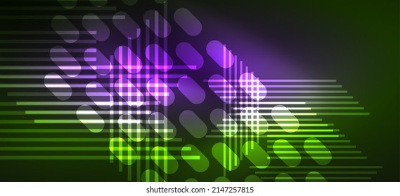 Hintergrundbild neonenglühende Linien und geometrische Formen. Dunkle Bildschirmhintergründe für das Konzept der AI-Technologie, Blockchain, Kommunikation, 5G, Wissenschaft, Wirtschaft und Technologie