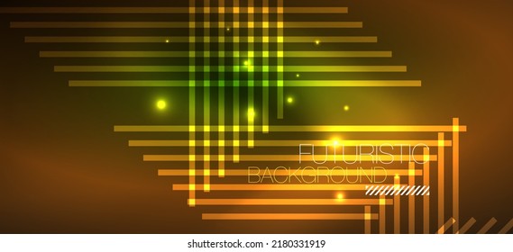 Fondo de paredes de fondo, líneas de neón brillante y formas geométricas. Libro de fondo oscuro para el concepto de tecnología de IA, blockchain, comunicación, 5G, ciencia, negocios y tecnología