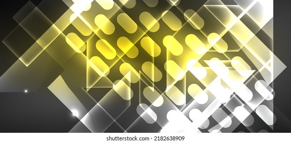 Fondo de paredes de fondo, líneas de neón brillante y formas geométricas. Libro de fondo oscuro para el concepto de tecnología de IA, blockchain, comunicación, 5G, ciencia, negocios y tecnología