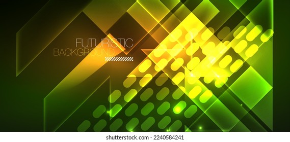 Fondo de paredes de fondo, líneas de neón brillante y formas geométricas. Libro de fondo oscuro para el concepto de tecnología de IA, blockchain, comunicación, 5G, ciencia, negocios y tecnología