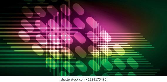 Fondo de paredes de fondo, líneas de neón brillante y formas geométricas. Libro de fondo oscuro para el concepto de tecnología de IA, blockchain, comunicación, 5G, ciencia, negocios y tecnología