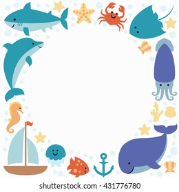 Background wallpaper with sea animals with place for text. Isolated on white. Design for invitation, banner, card, poster, print, frame, border. Art vector Illustration. 