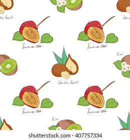 Background, wallpaper, seamless. Exotic fruits. Snake fruit, kiwifruit, tamarillo. Sketch. On a white background.