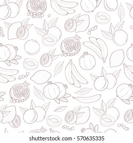 Background, wallpaper, seamless. Lemon, pomegranate, banana, peach. Sketch doodle. On a white background.